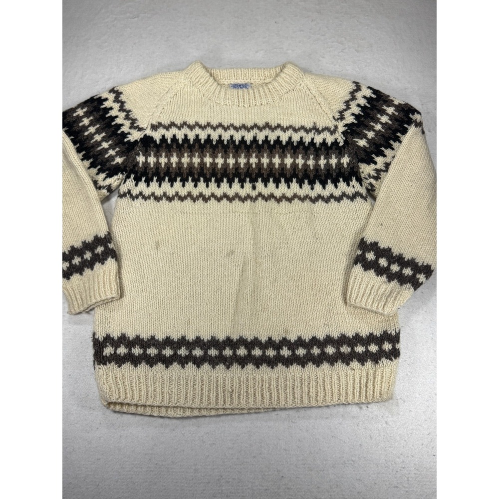 Vintage Mexicali Blues Sweater Womens Beige Printed Hand Knit Ribbed Crew Neck